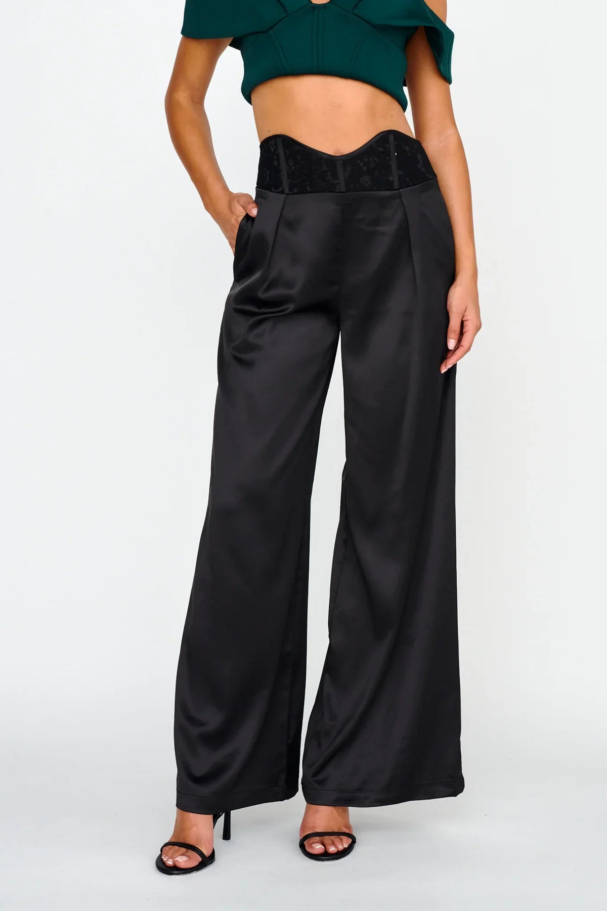 Lucky Stars Curved Waist Lace Trim Pants Black