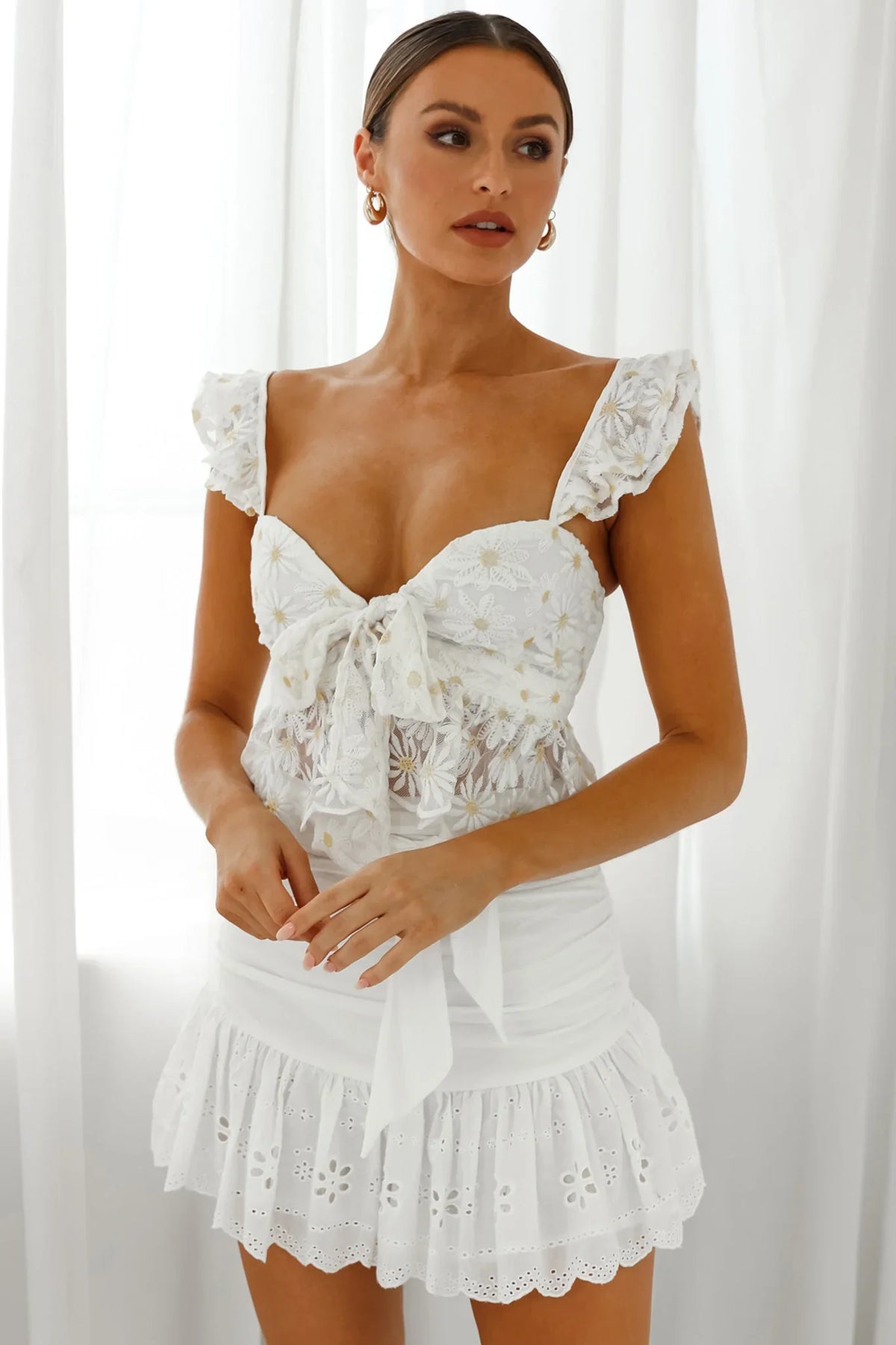 Say That Again Ruffle Shoulder Tied Bust Crop Top White Daisy