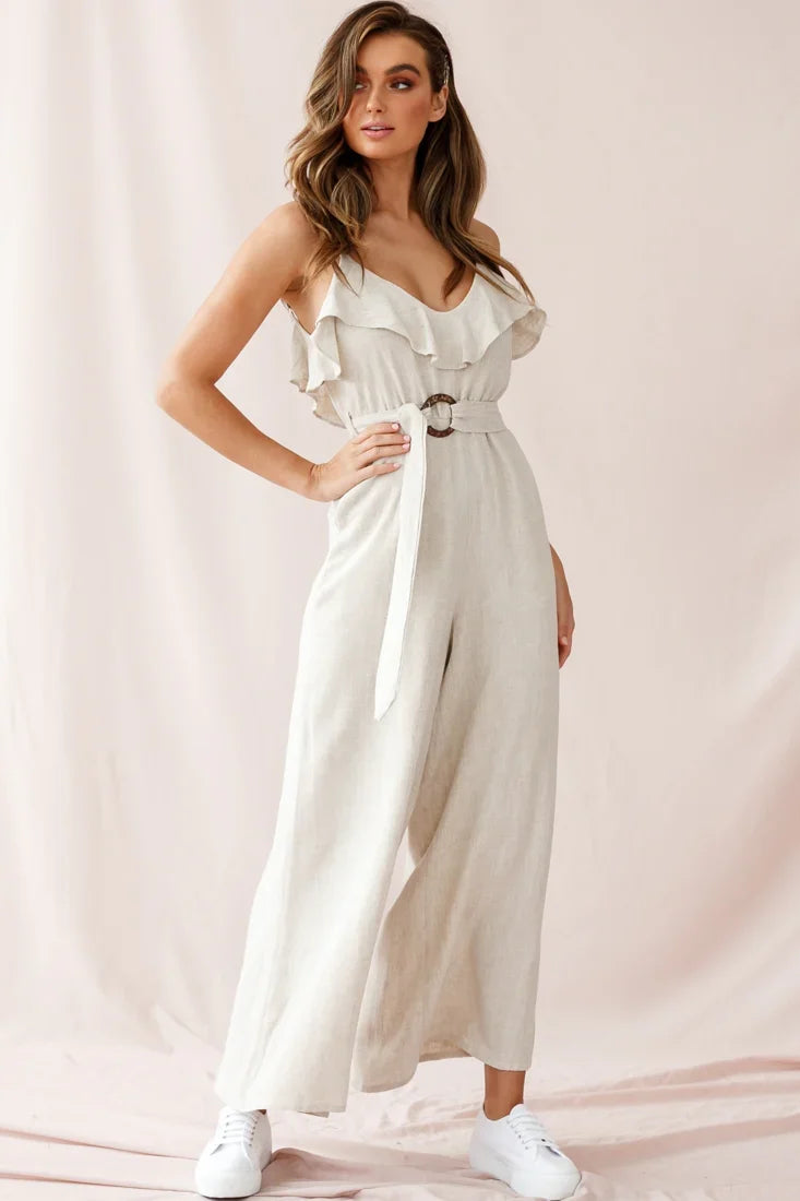 Mason Ruffle Neckline Wooden Buckle Belt Jumpsuit Natural