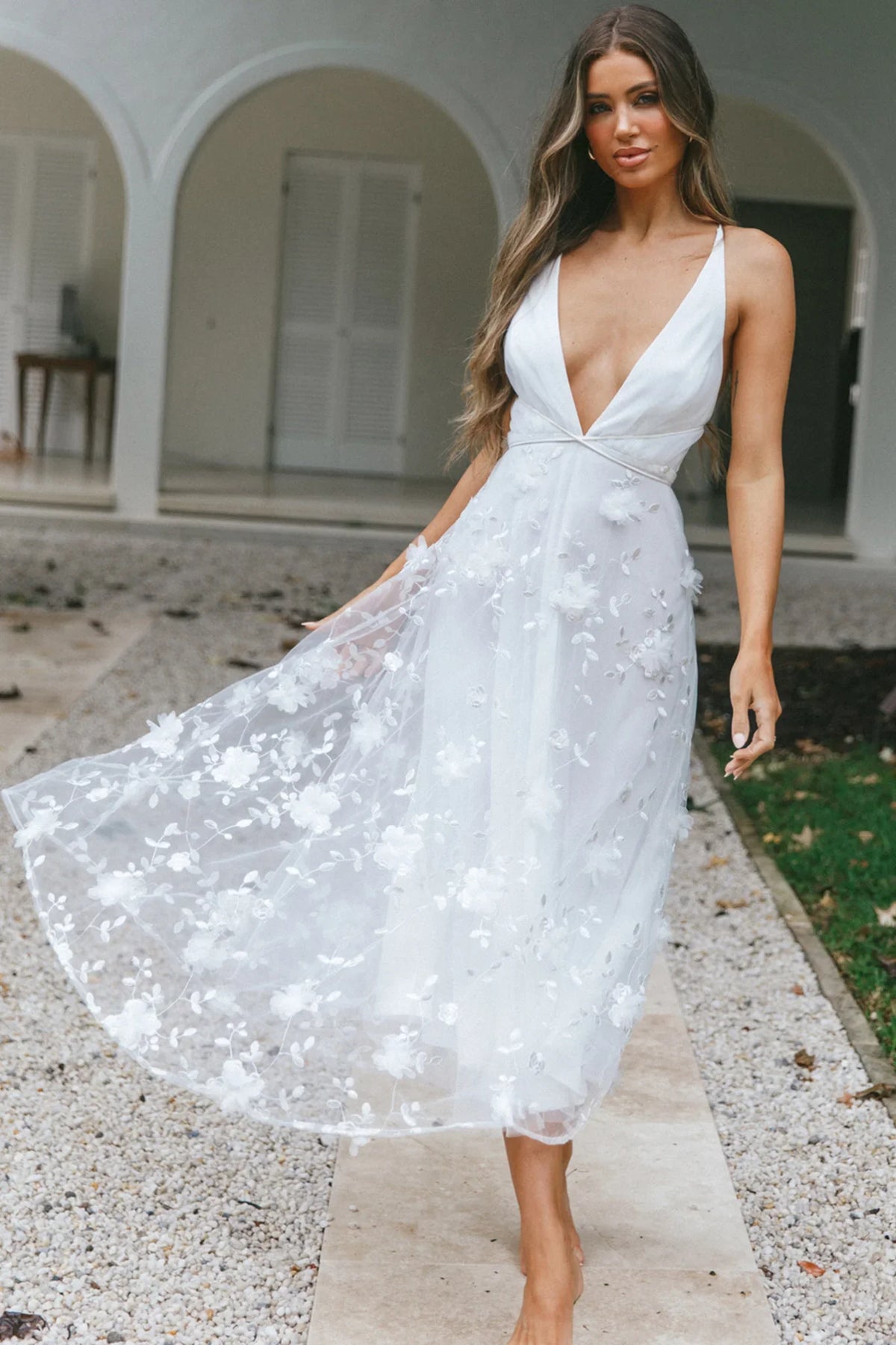 Sheri V-Neckline Embellished Midi Dress White