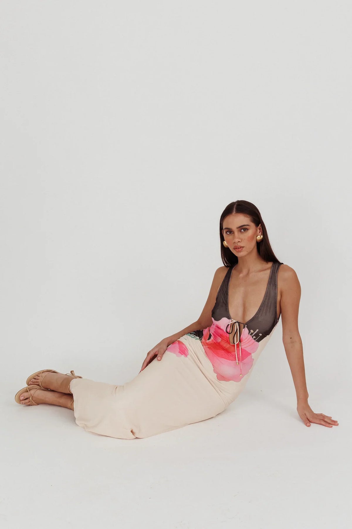 Cinders Tied Plunging Neckline Maxi Dress Flower Black