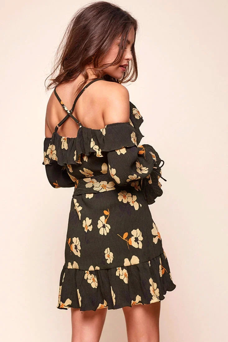 Carly Off the Shoulder Floral Wrap Dress Green