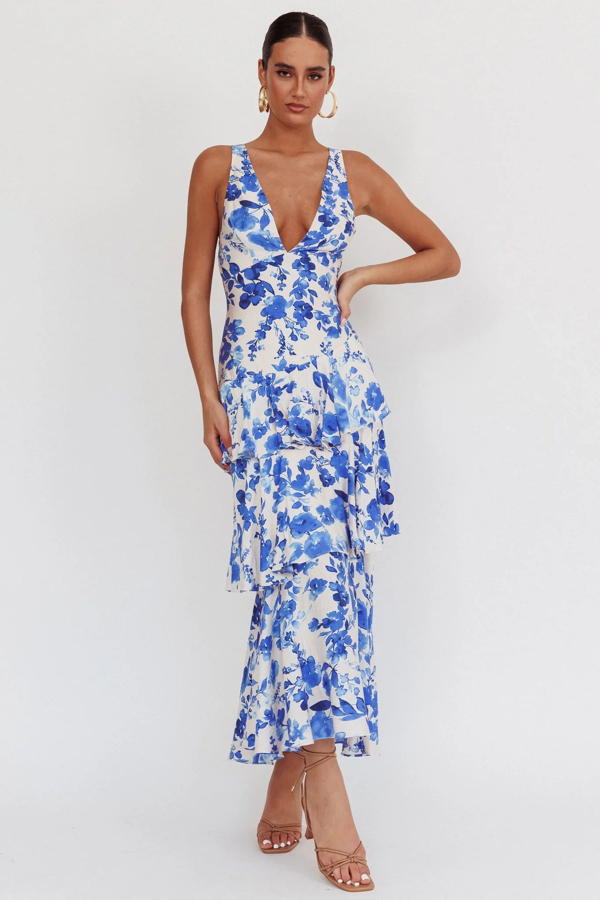 Veda Strappy Back Ruffle Maxi Dress Floral Blue