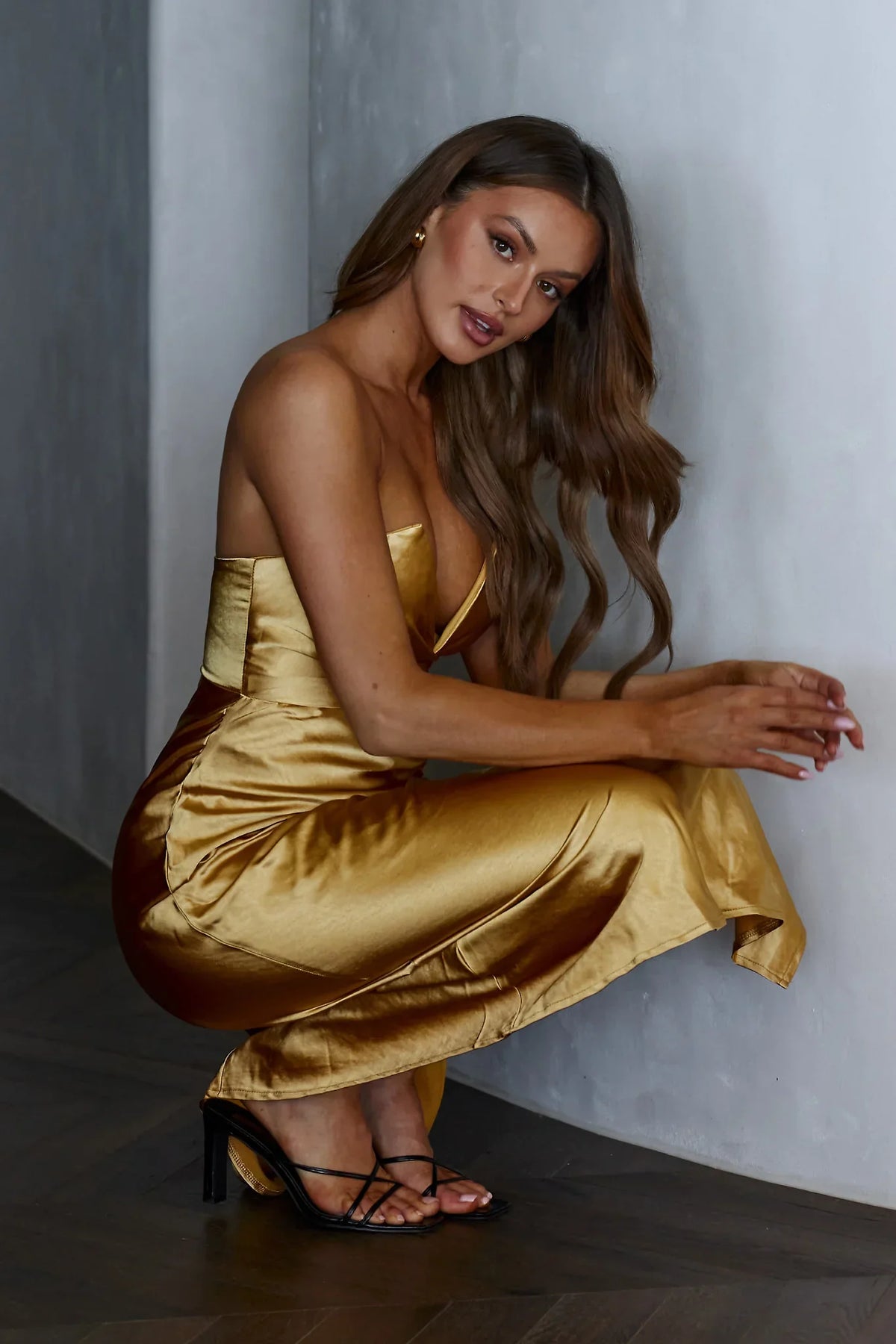 Ma Jolie Strapless Midi Dress Gold