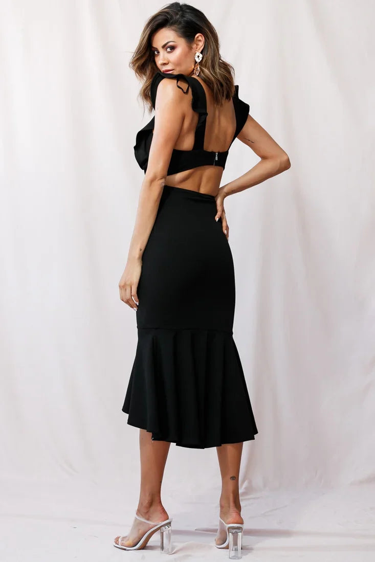 Jackie Wide Ruffle Hem Pinafore Midi Dress Black