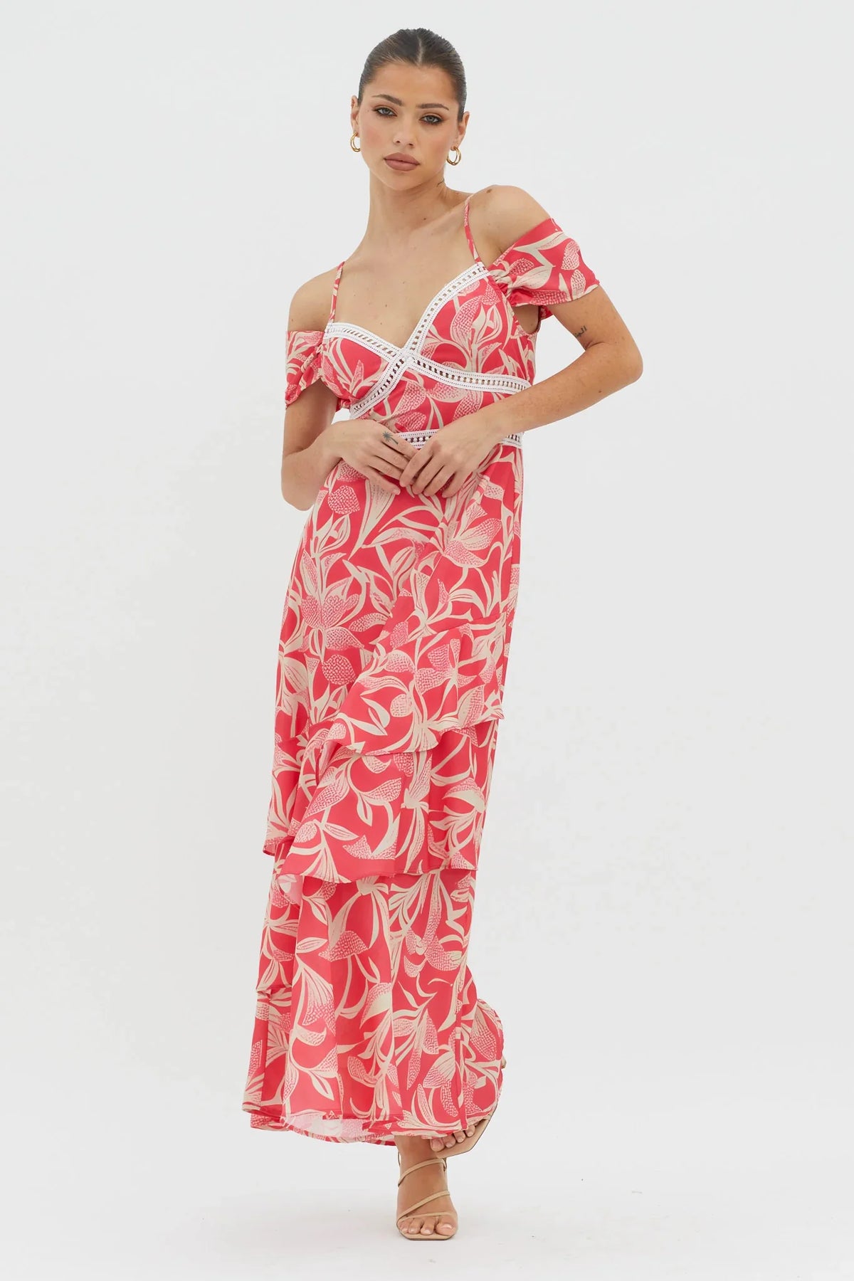 Seina Off-Shoulder Crochet Trim Dress Print Red