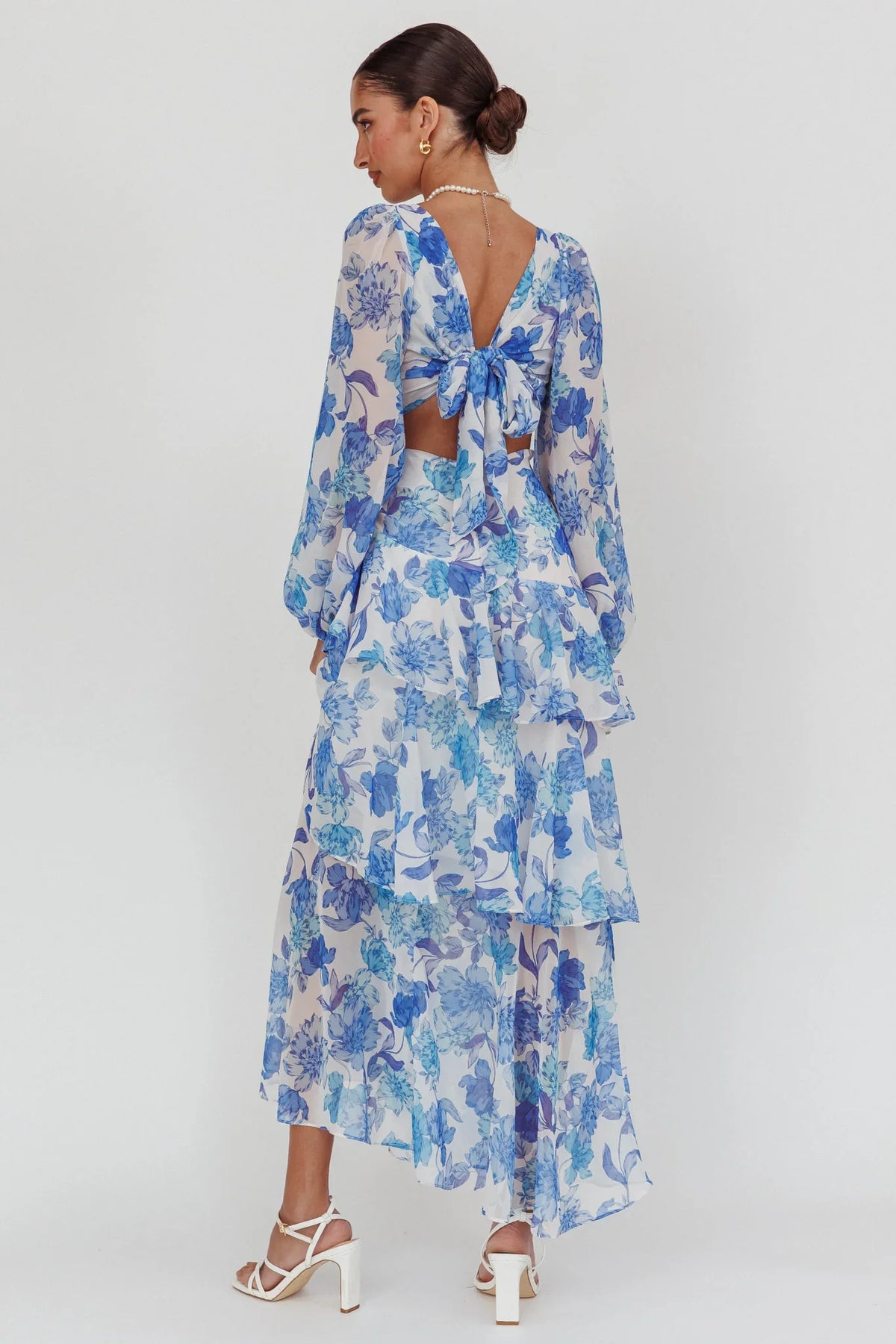 Veda Long Sleeve Floral Tiered Ruffle Maxi Dress Blue