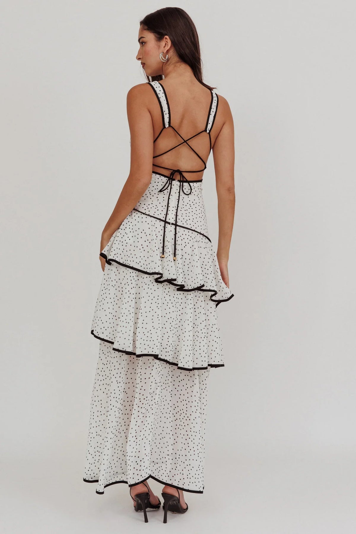 Veda Strappy Back Ruffle Maxi Dress Polka Dot White