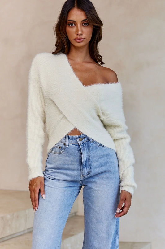 All My Love Long Sleeve Crossover Knit Sweater Off White