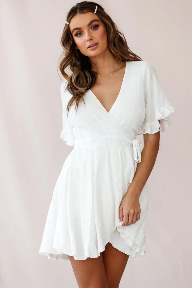 Cara Frill Trim Wrap Dress White