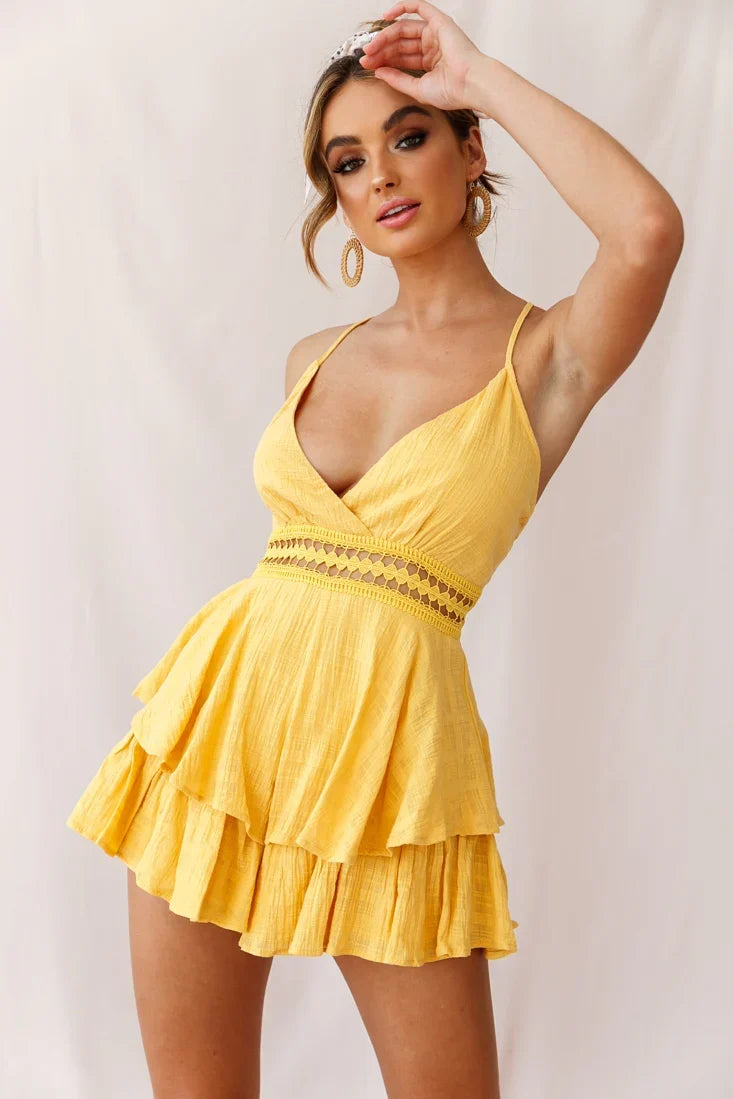 Maybe Baby Lace Trim Fluted Hem Romper Mustard
