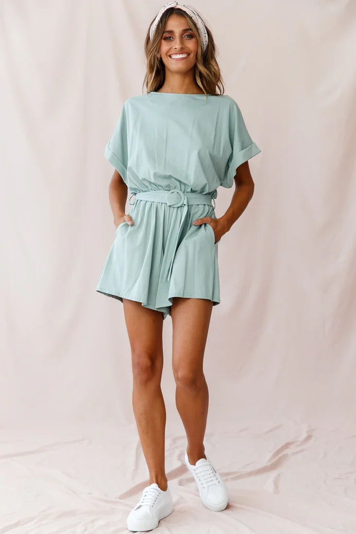 Chelsea Belted T-Shirt Romper Sage