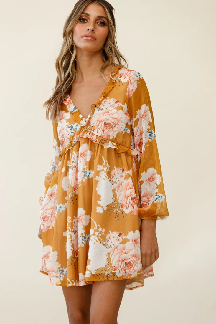 Cutie Pie Long Sleeve Babydoll Dress Rose Print Mustard