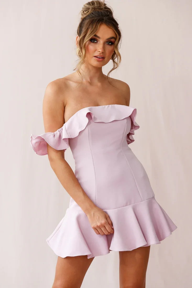 Ondine Bardot Neckline Fluted Hem Dress Mauve