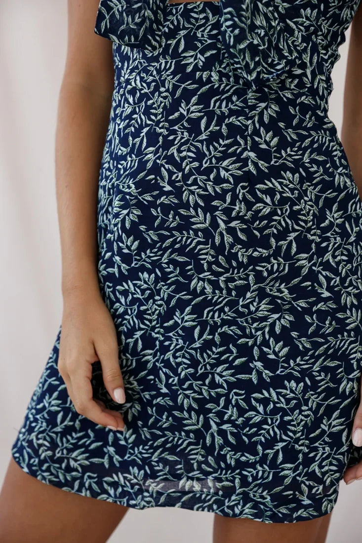 Hope Tie-Knot Bust Mini Dress Leaf Print Navy