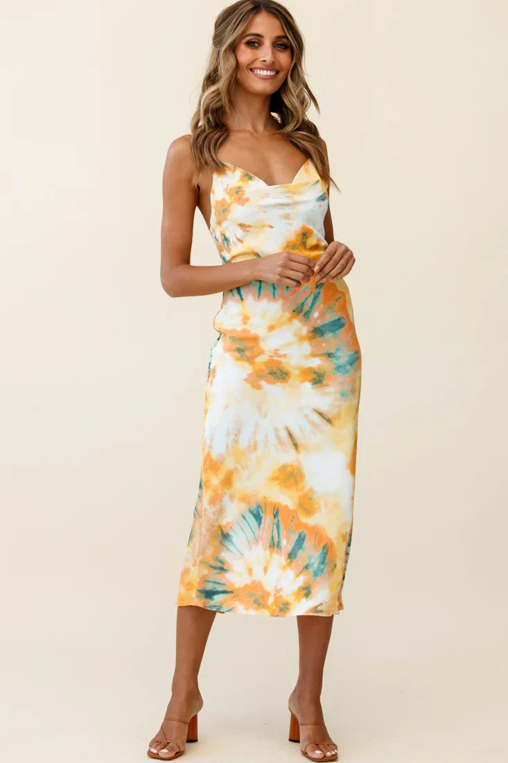 Show Me Love Cowl Neck Midi Dress Tie-Dye Orange Multi