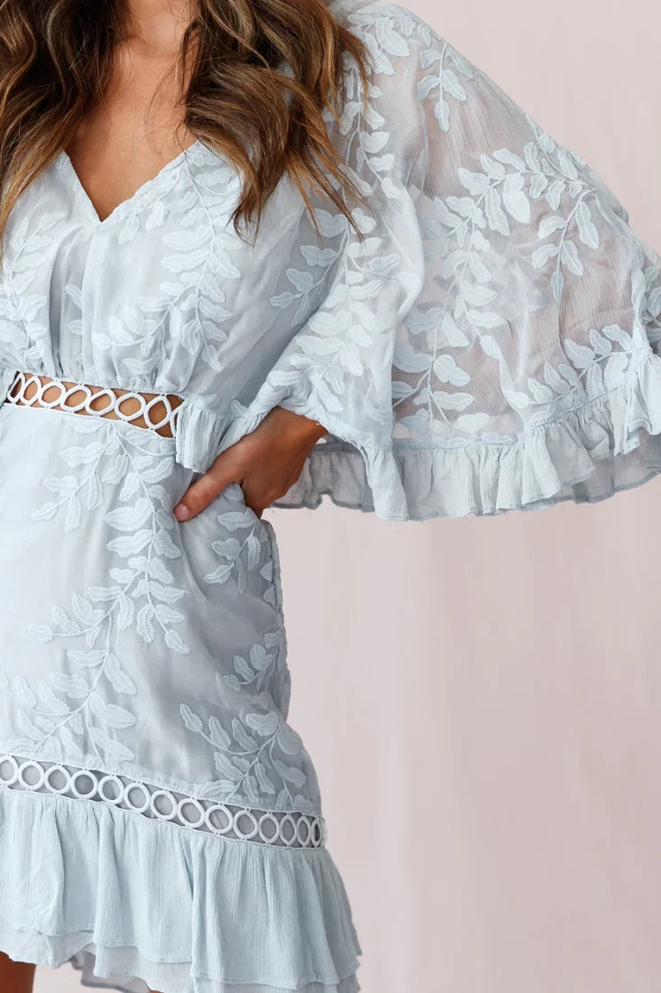 Caspar Leafy Embroidered Dress Baby Blue