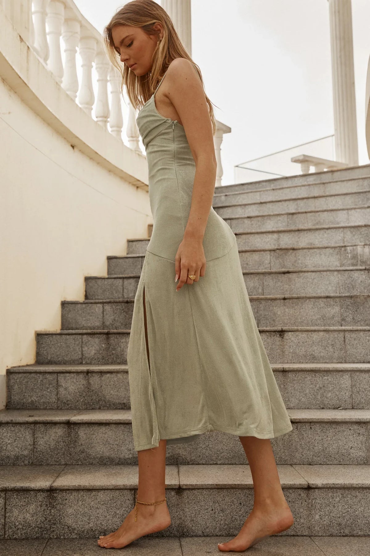 Well Versed Pleated Bust Front Split Dress Jersey Sage