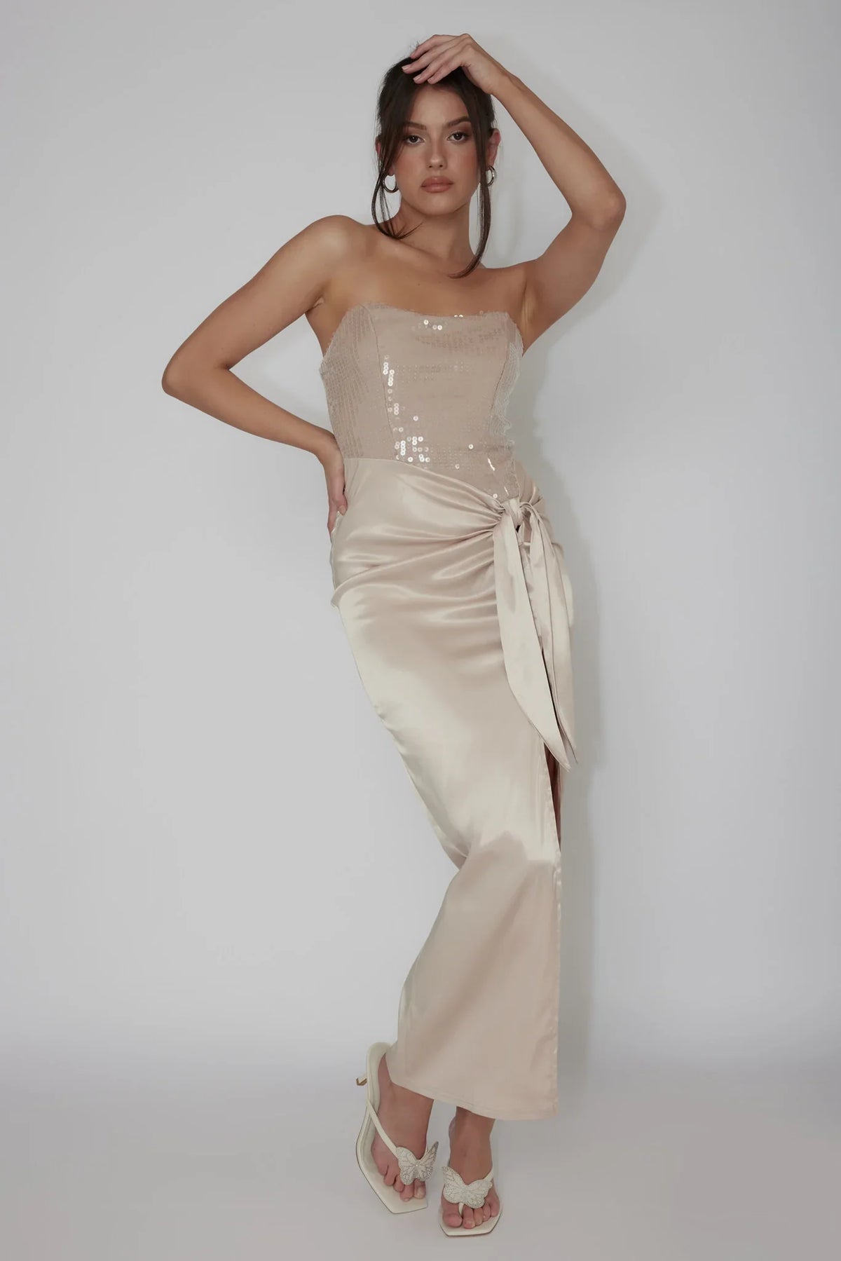Yadira Sequin Bodice Satin Midi Dress Nude