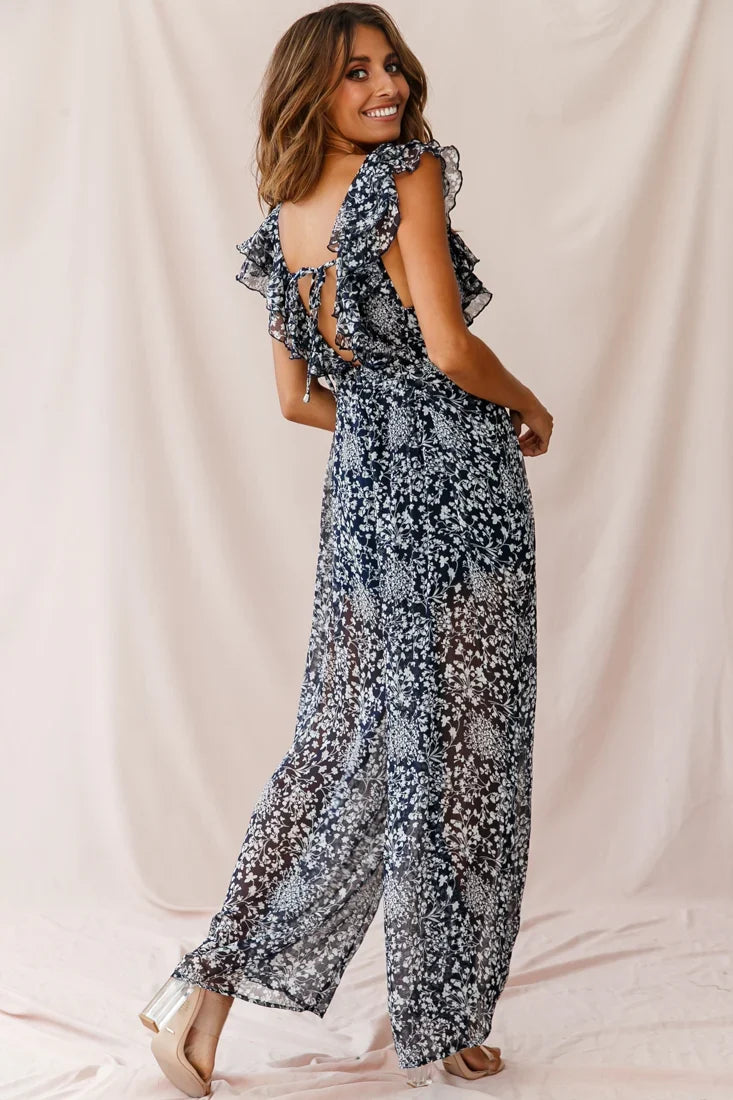 Marcia Ruffle Strap Wide Leg Jumpsuit Navy/White