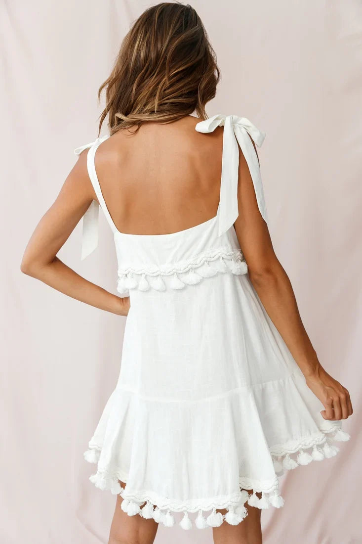 Sirocco Tassel Trim Tied Shoulder Dress White