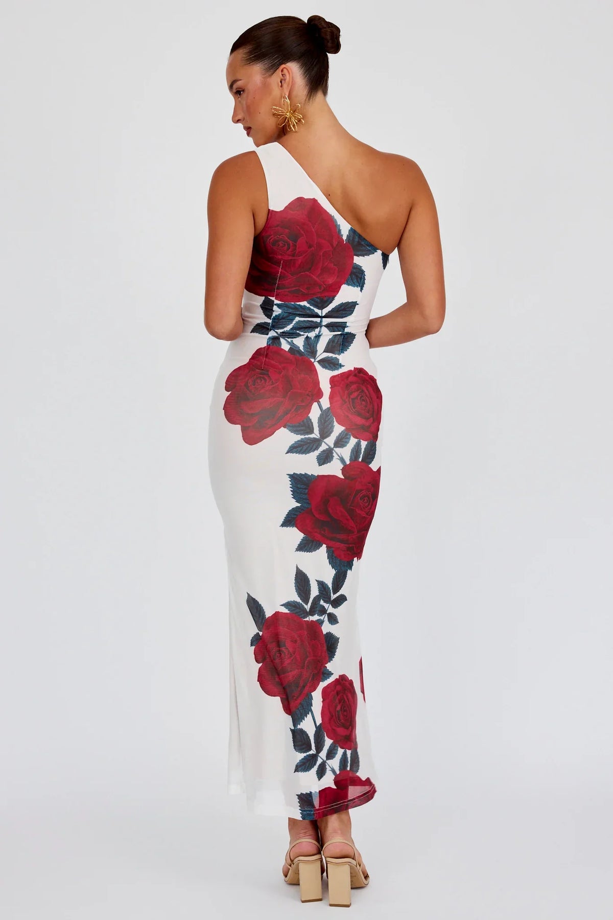 Desiree One Shoulder Mesh Maxi Dres Rose