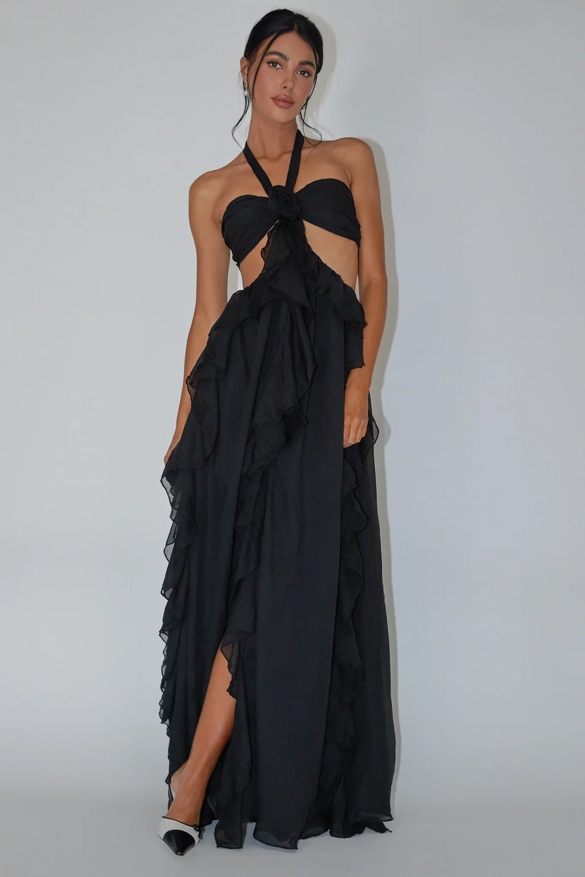 Santiago Cut-Out Ruffle Maxi Dress Black