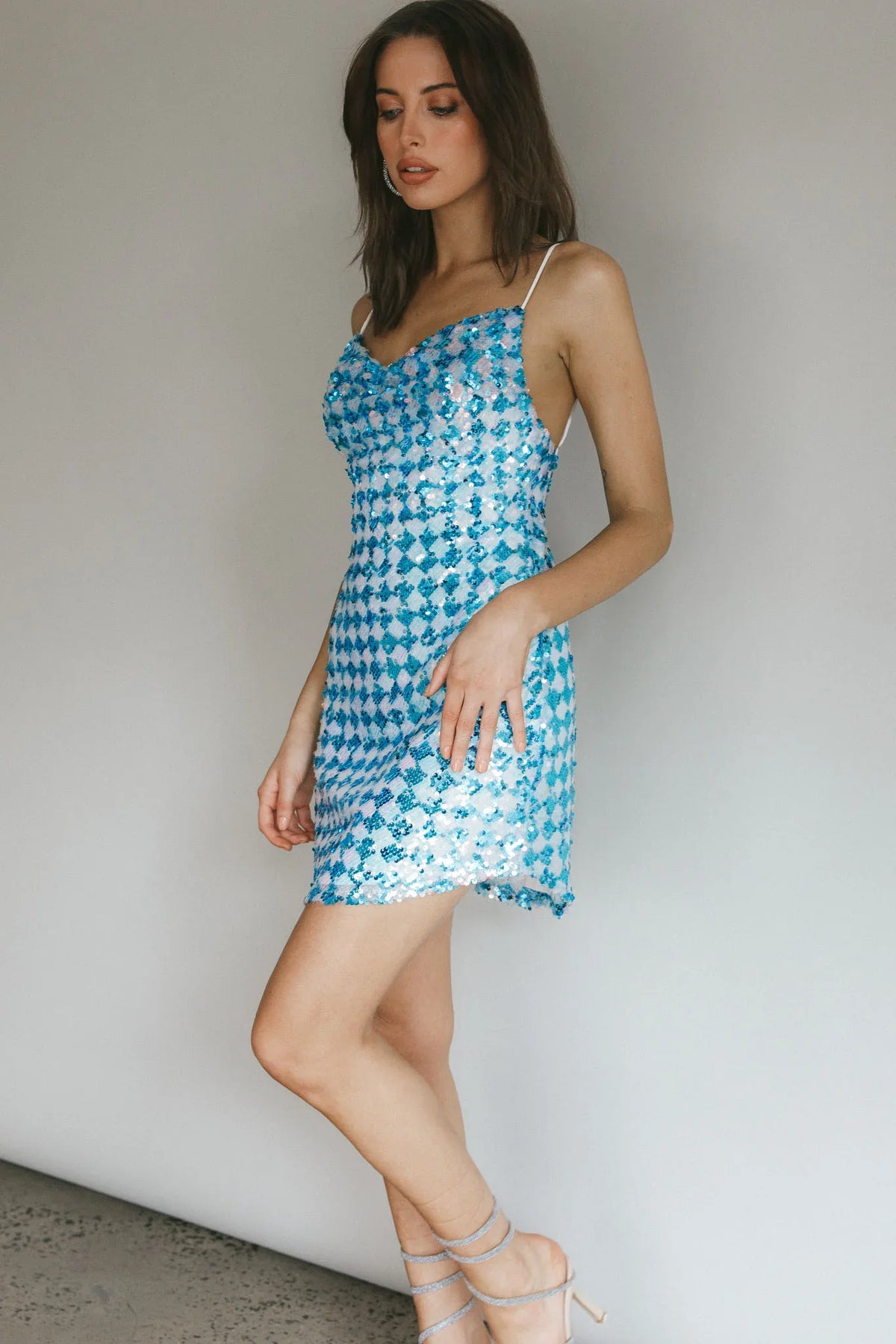 Show Me Love Cowl Neck Mini Dress Sequin Check Blue