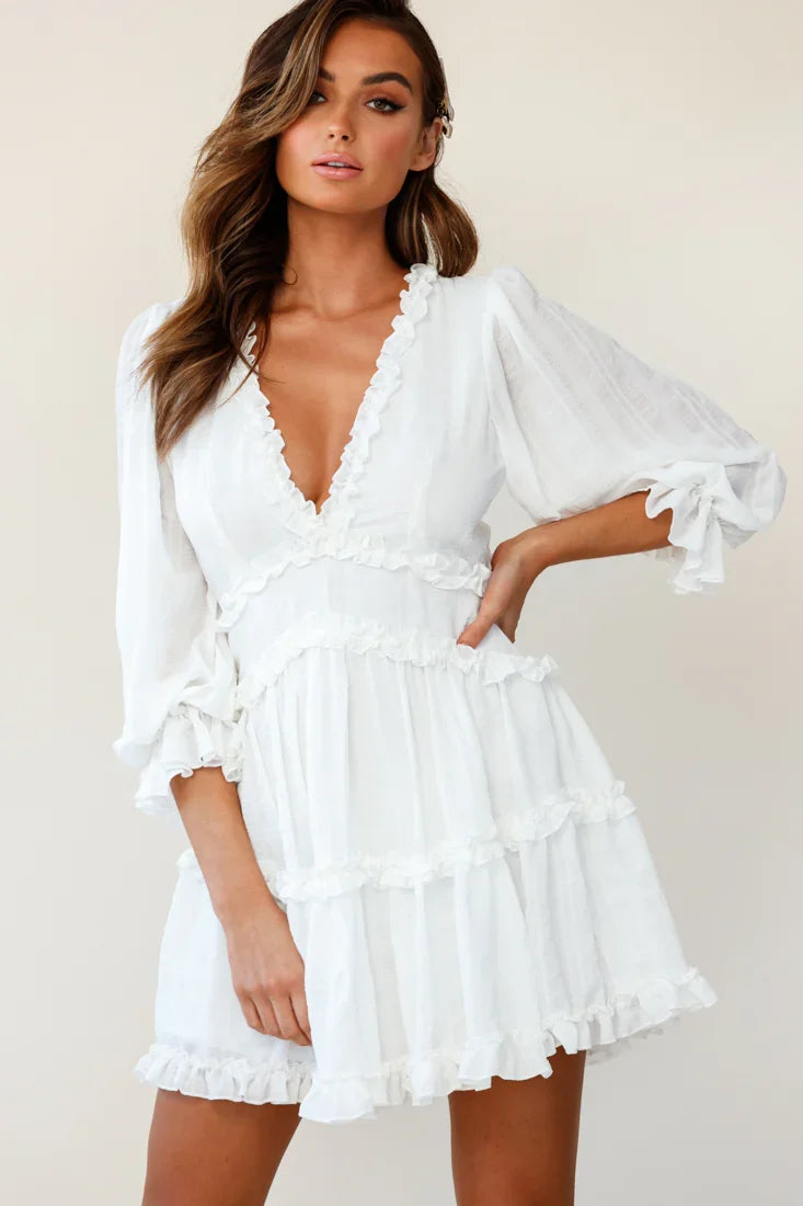 Laney Cutout Back Balloon Sleeve Dress White
