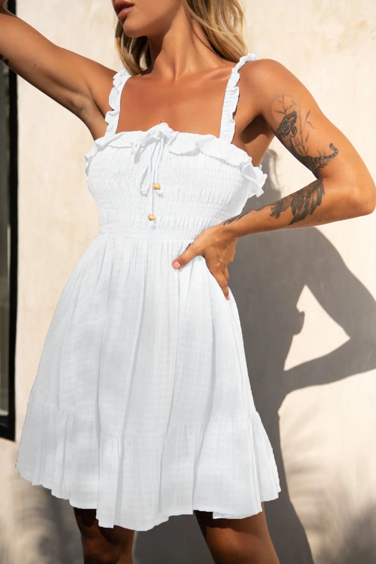 Flynn Frill Strap Shirred Bust Dress White