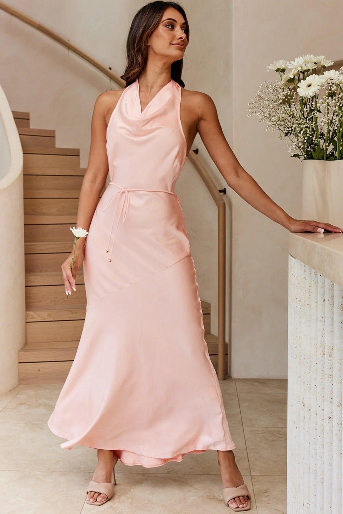 India Cowl Halterneck Satin Maxi Dress Blush