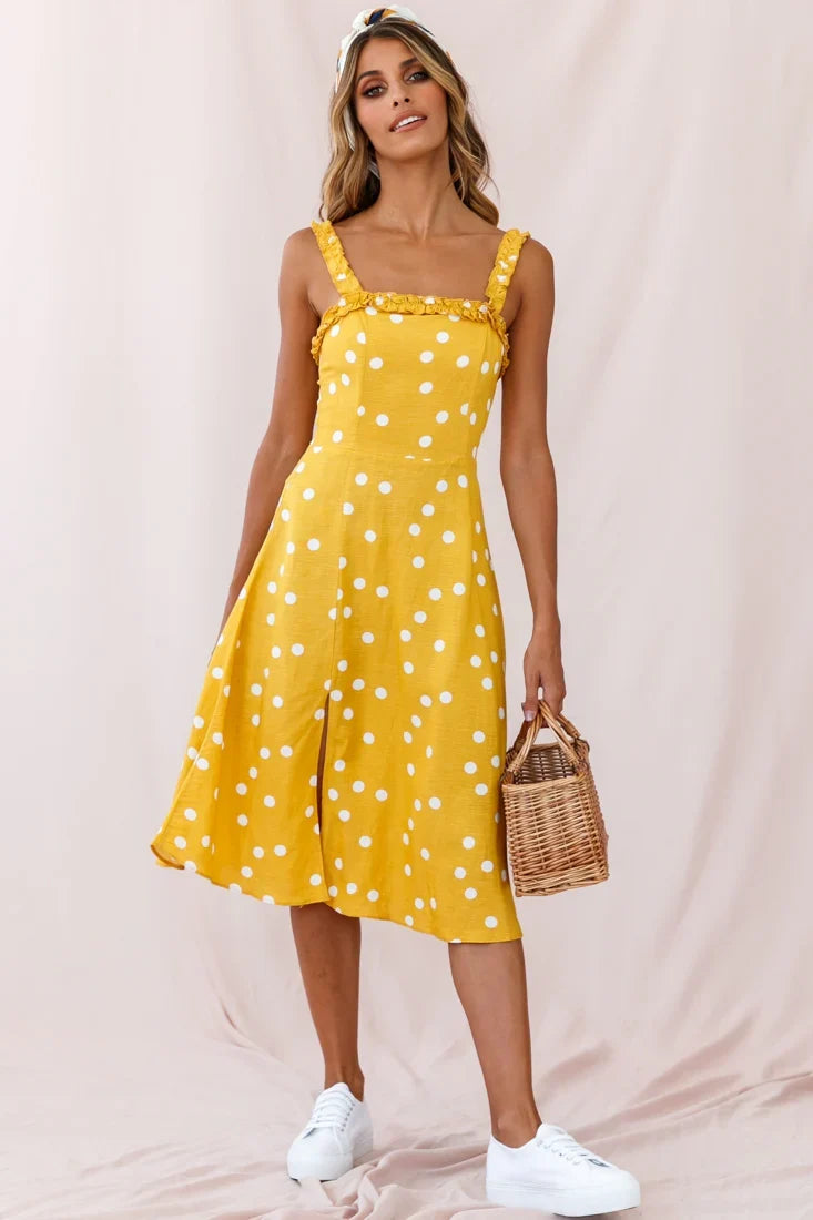 Magdalene Frill Strap A-Line Midi Dress Yellow Mustard