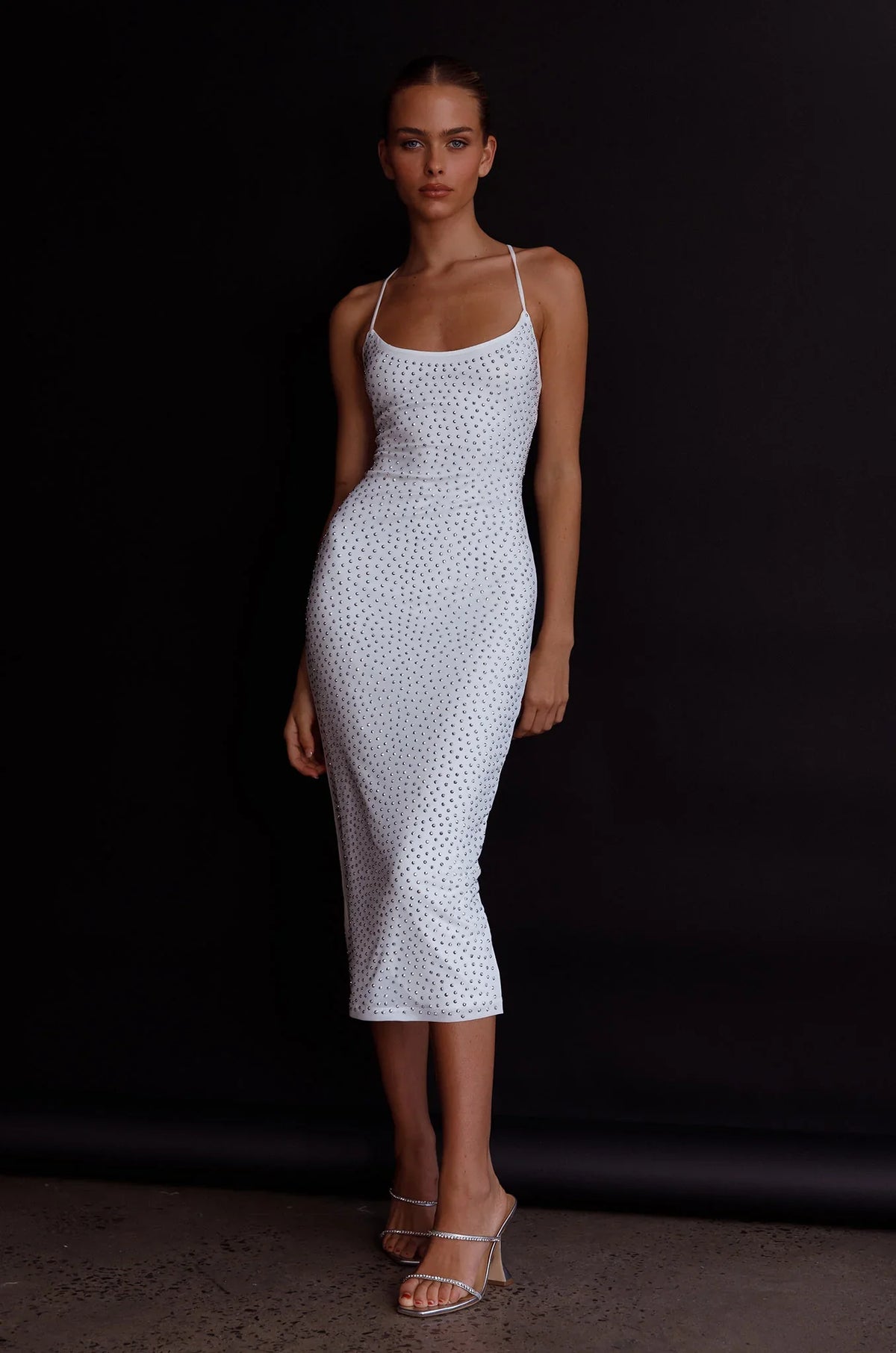 Goodnight Kiss Strappy Back Embellished Midi Dress Ivory