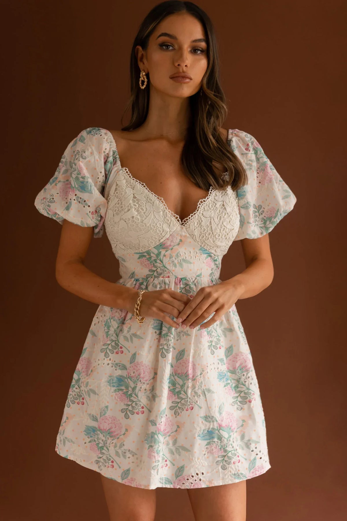 Lovers Lane Lace Trim Puff Sleeve Dress Floral Apricot