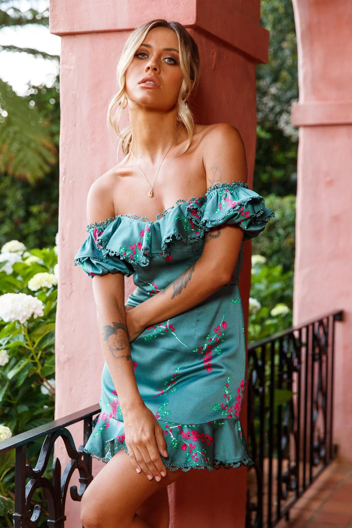 Bobby Bardot Neckline Puff Sleeve Dress Flower Spring Print Sage