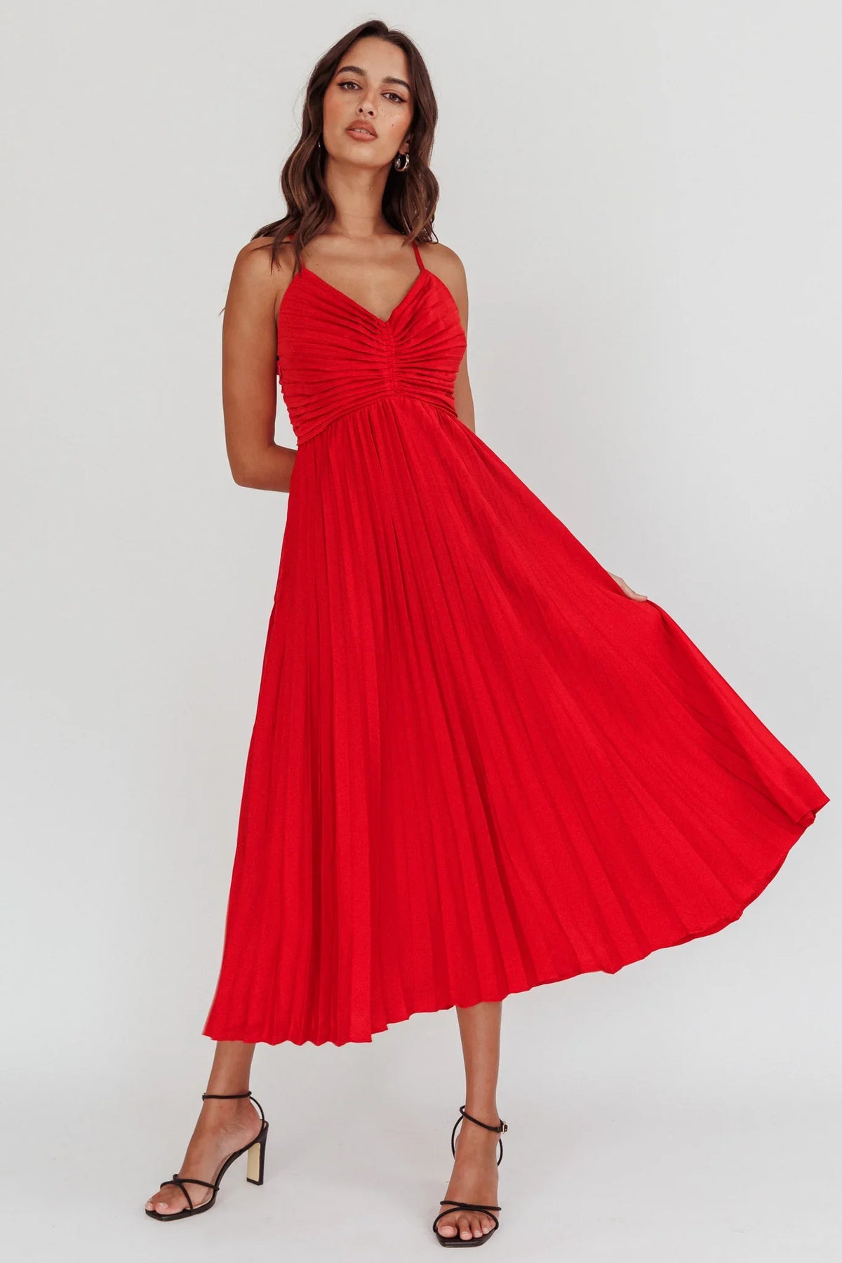 Spoken For Accordion Pleat Midi Dress Red
