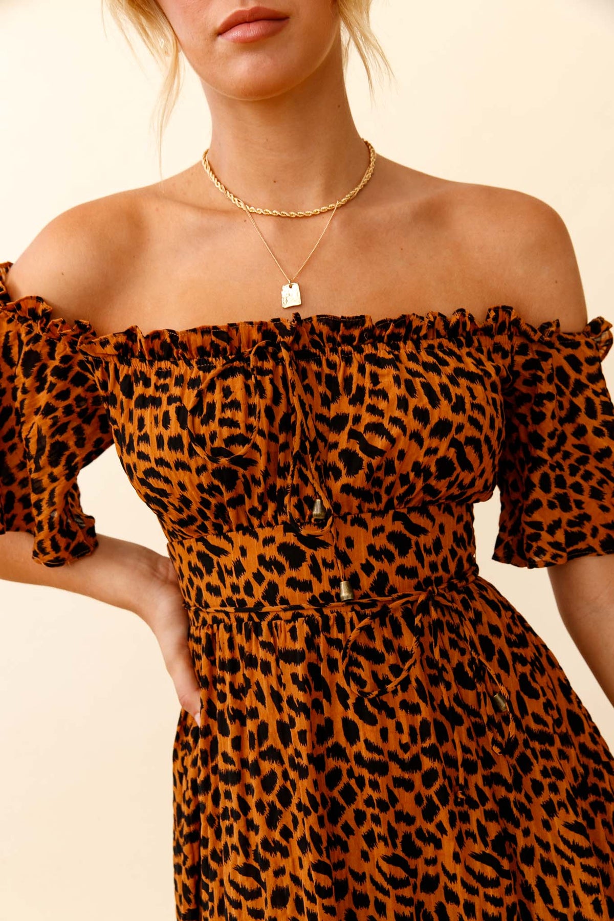 Voyager Off-Shoulder Bell Sleeve Midi Dress Leopard Print Brown