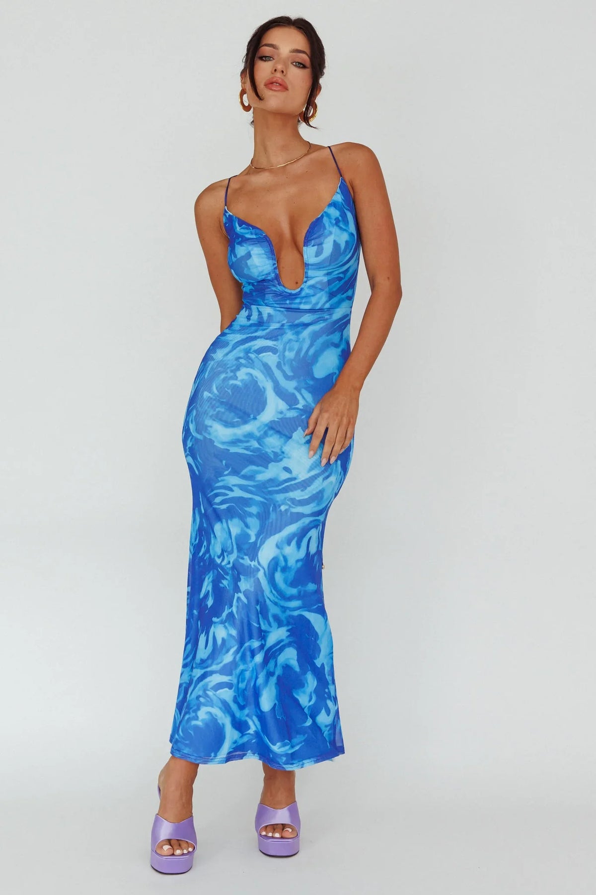 Nouveau U-Neckline Midi Dress Marbled Blue