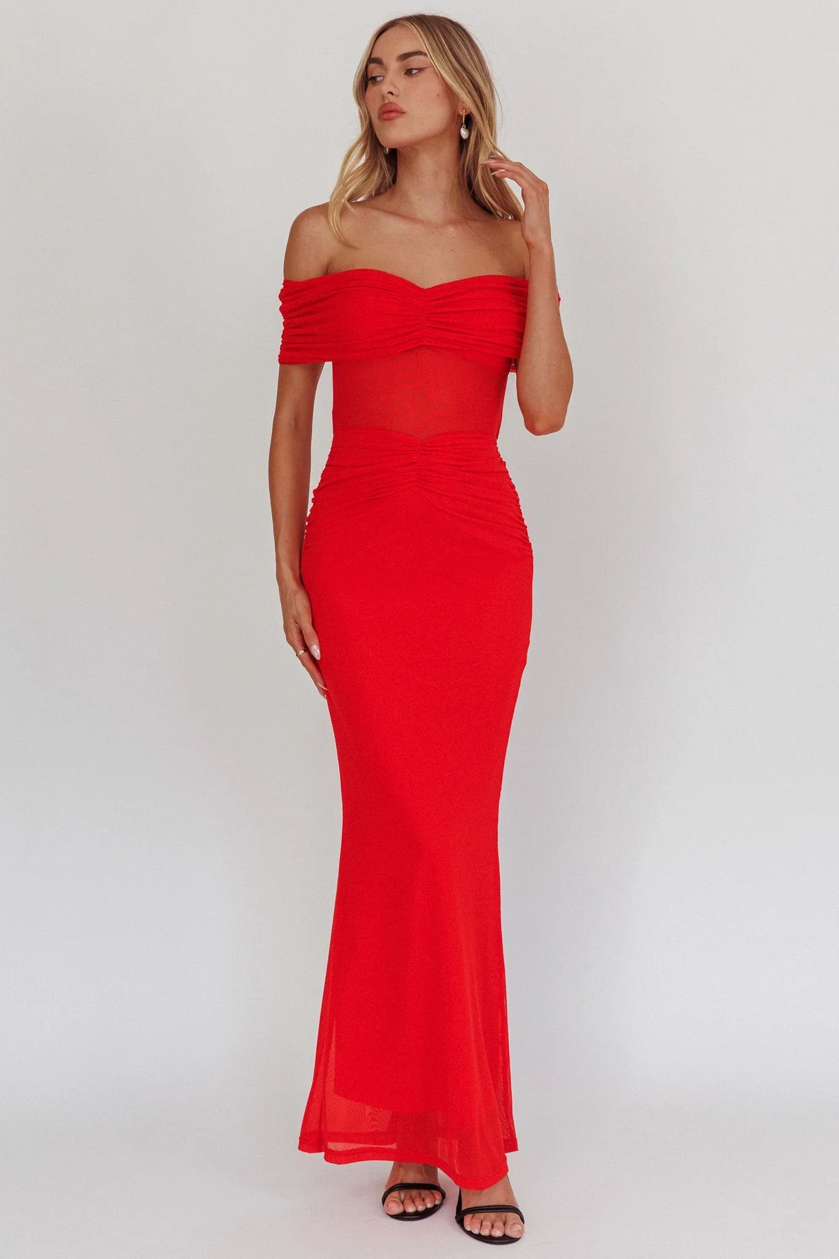 Silver Moon Off-Shoulder Maxi Dress Blood Orange