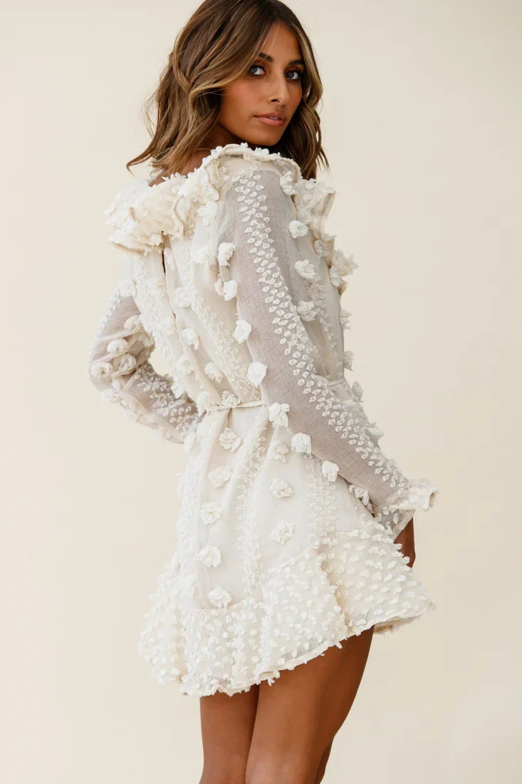 Georgie Long Sleeve Frill Neckline Embellished Chiffon Dress Beige