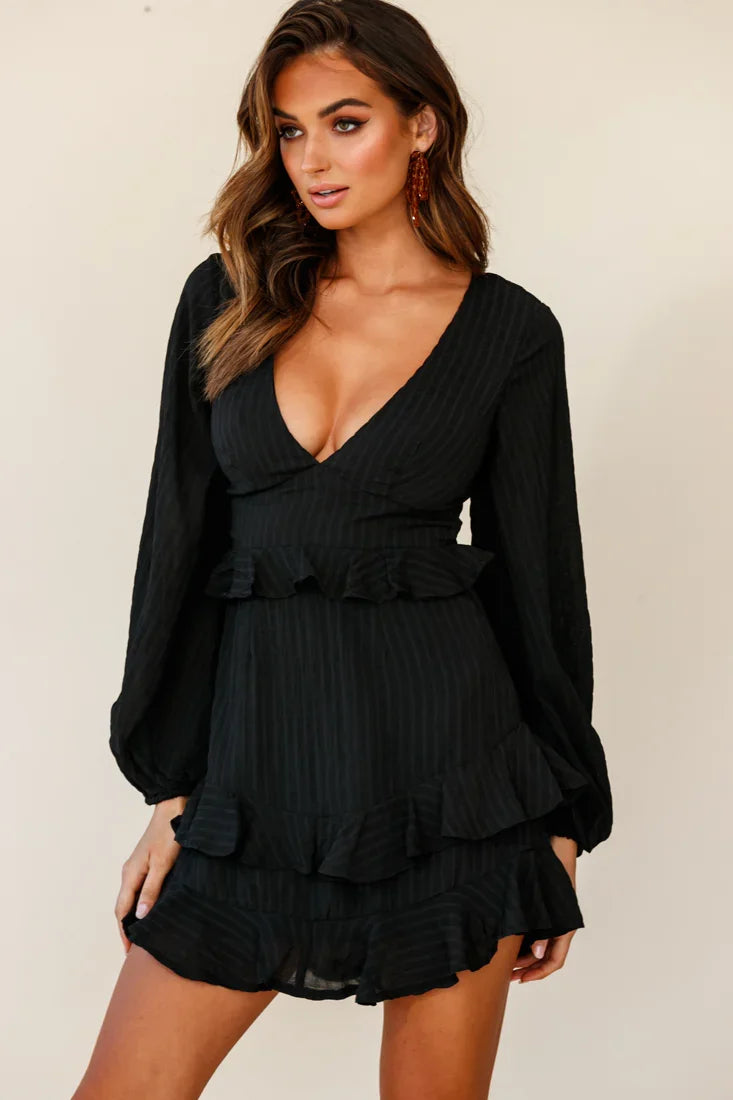 Queenie Long Balloon Sleeve Ruffle Trim Dress Black