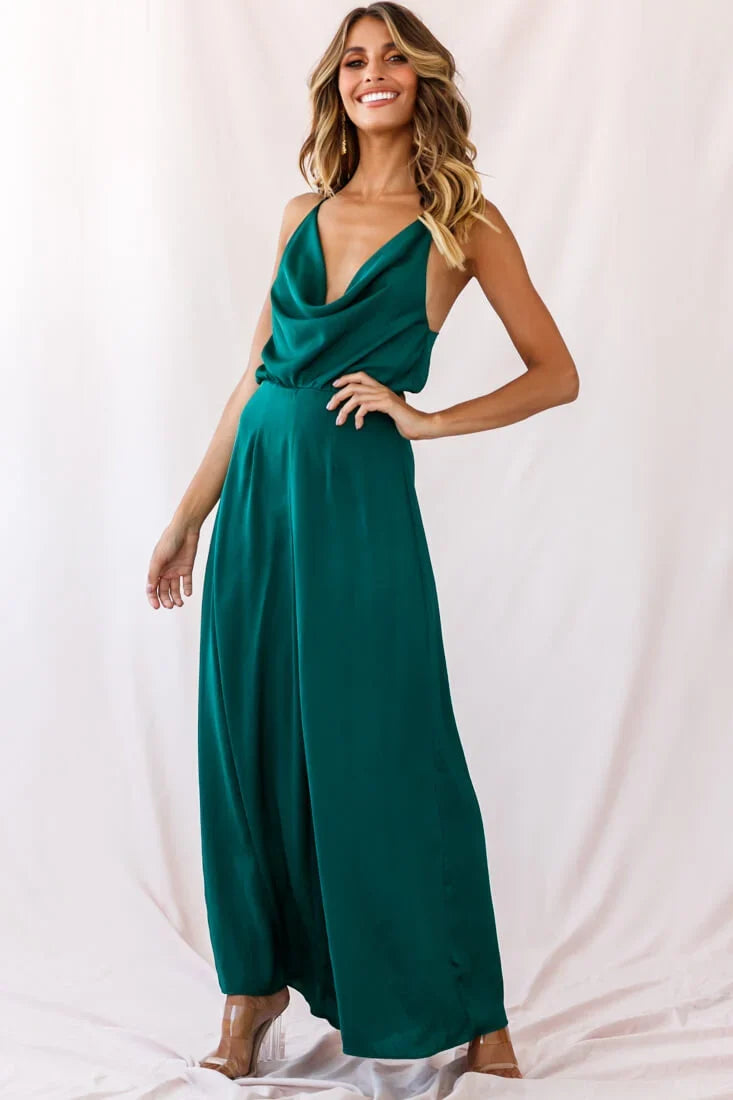 Jaclyn Wide-Leg Cowl Neck Jumpsuit Forest Green