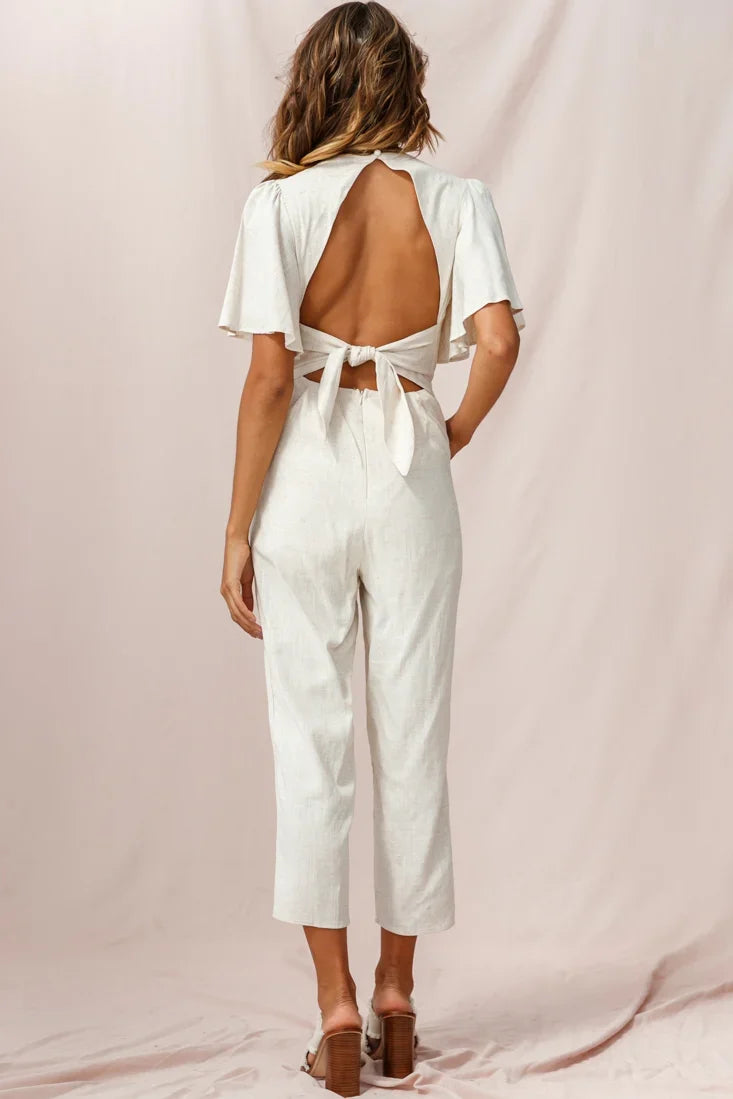 Dana Straight Leg Collared Neck Jumpsuit Natural