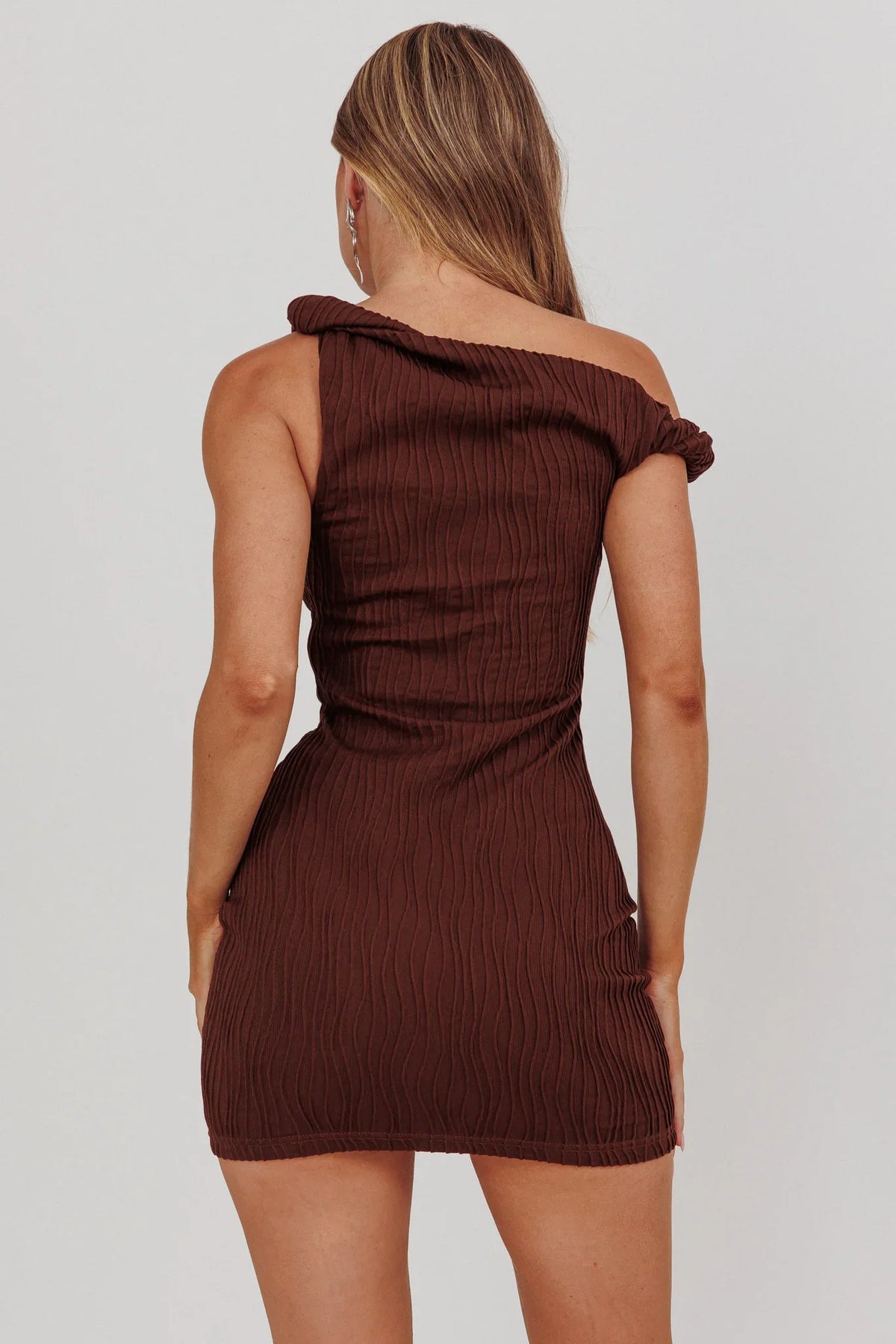 Lingering Love One-Shoulder Mini Dress Brown