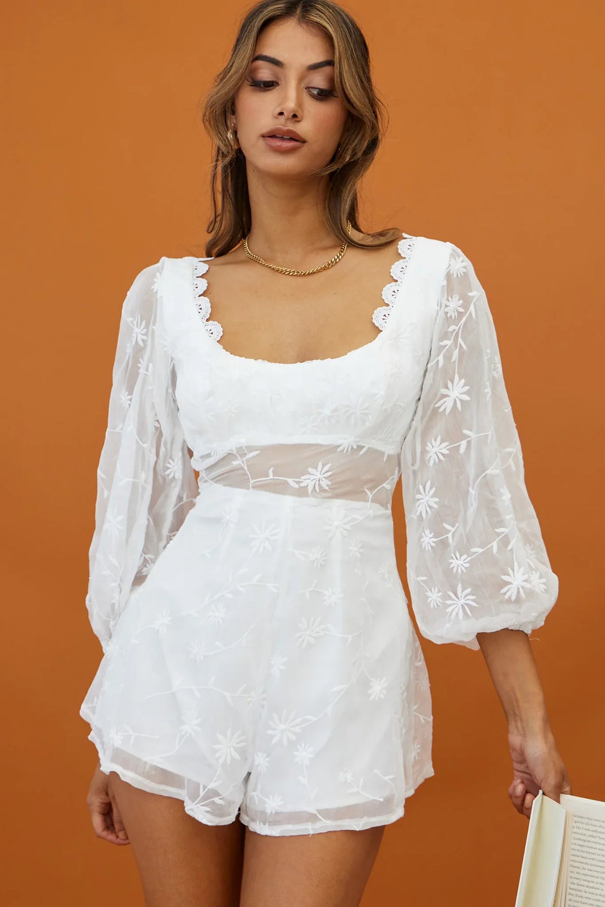 Delphine Balloon Sleeve Open Back Floral Embroidery Romper White