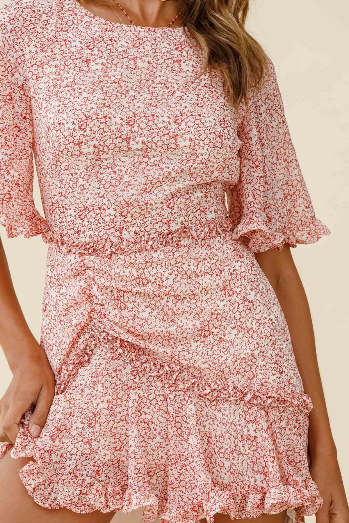 Leona Half Sleeve Frill Trim Dress Floral Print Red