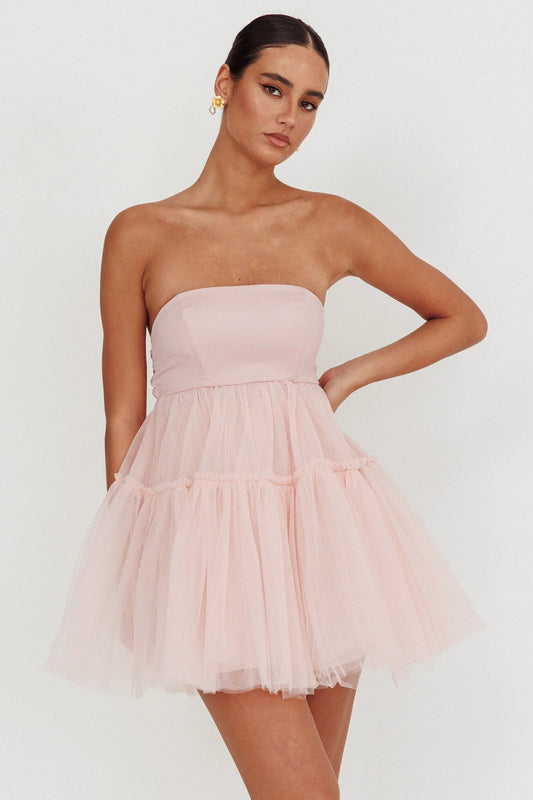 Dreamscape Strapless Tulle Mini Dress Blush