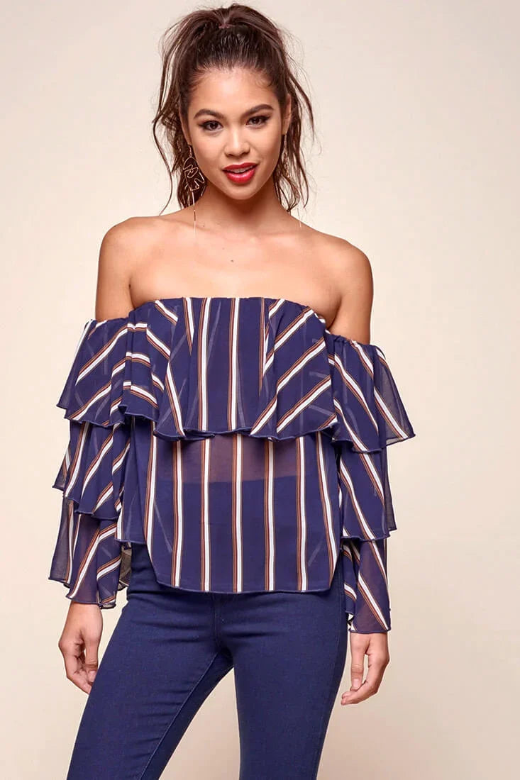 Goldwyn Tiered Striped Tube Top Navy