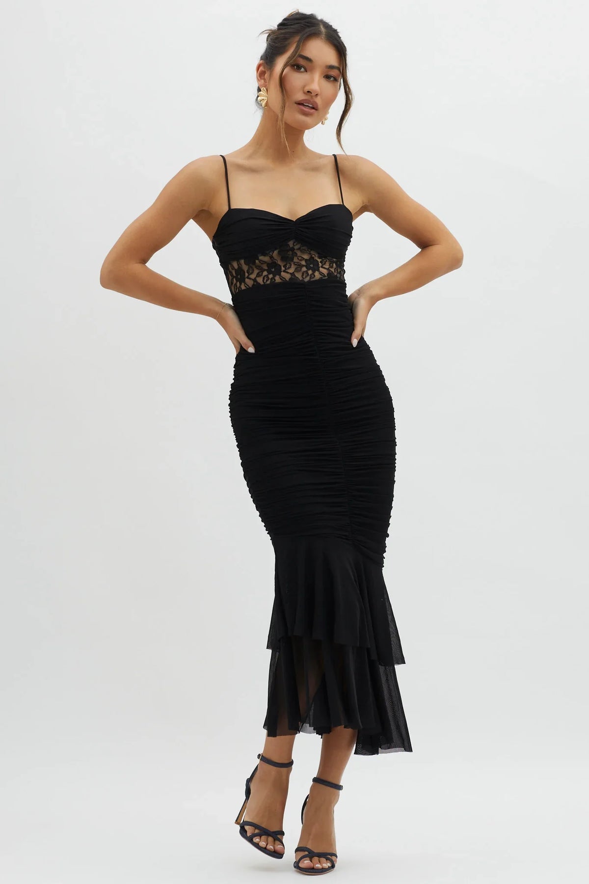 Cherubim Lace Insert Ruched Midi Dress Black