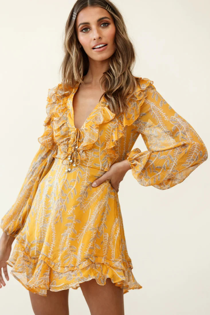 Odette Long Sleeve String Tie Neckline Vine Print Dress Mustard